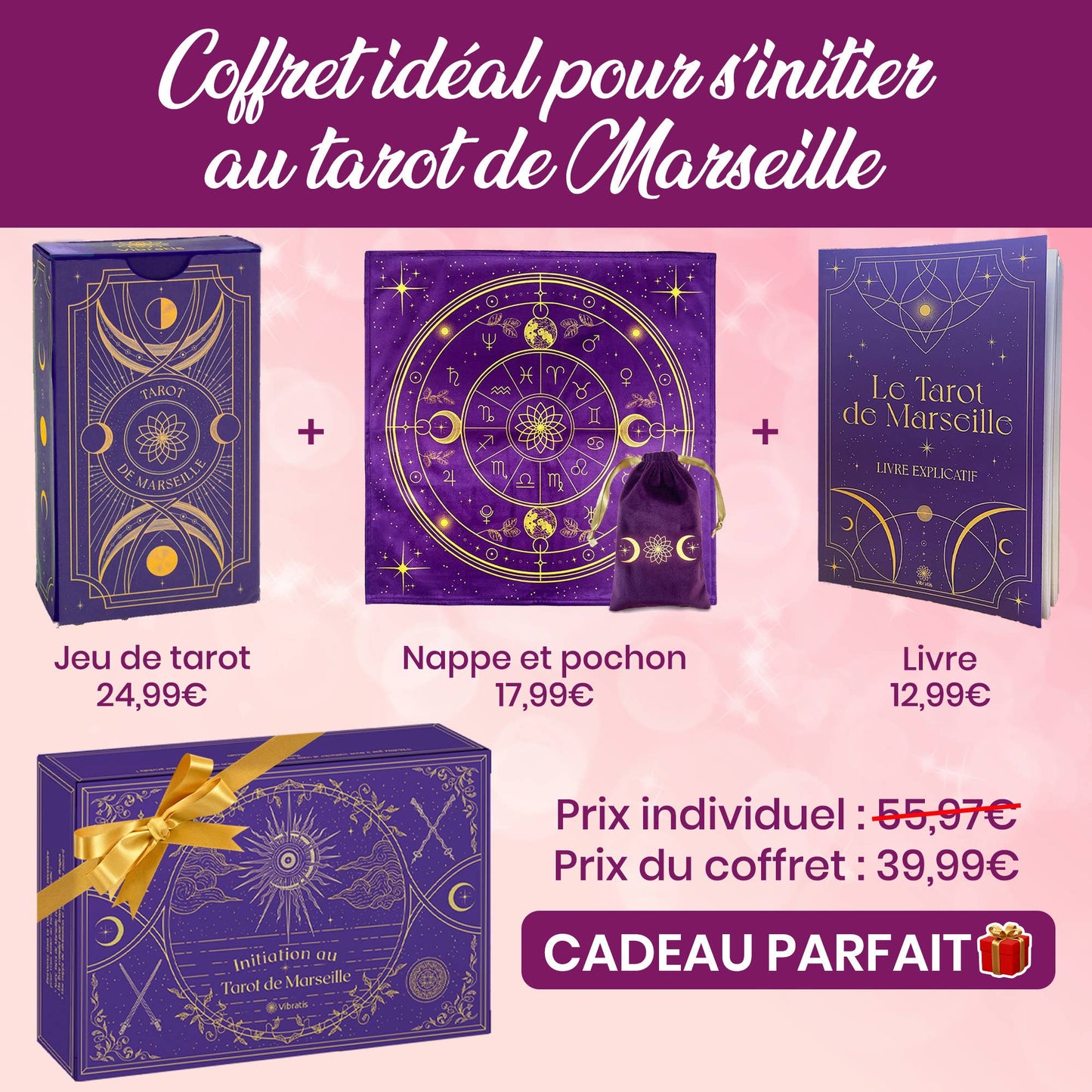 Illustration du livre explicatif du Coffret Tarot de Marseille de Vibratis, offrant des méthodes de tirage et des conseils sur l'interprétation des cartes.