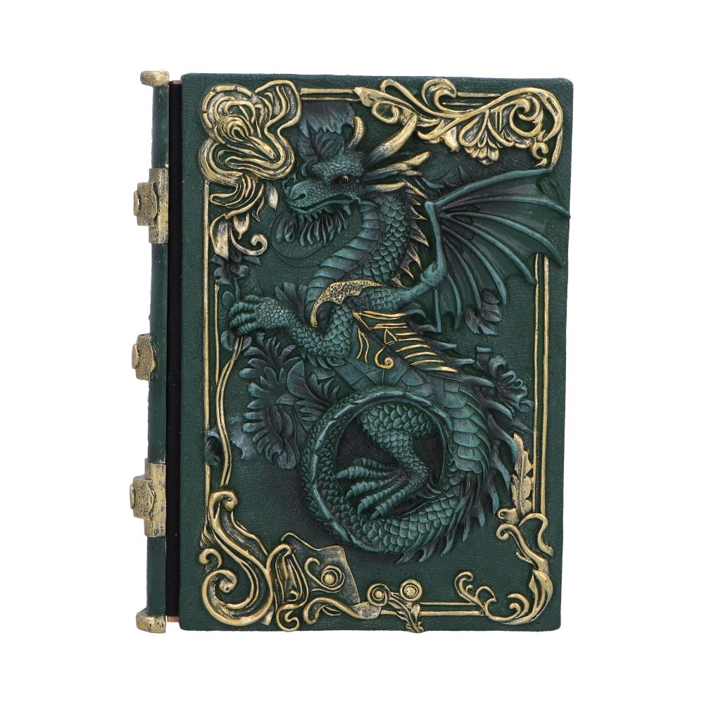Grimoire du Dragon avec dragon en résine verte et épée ailée - produit par Nemesis Now.