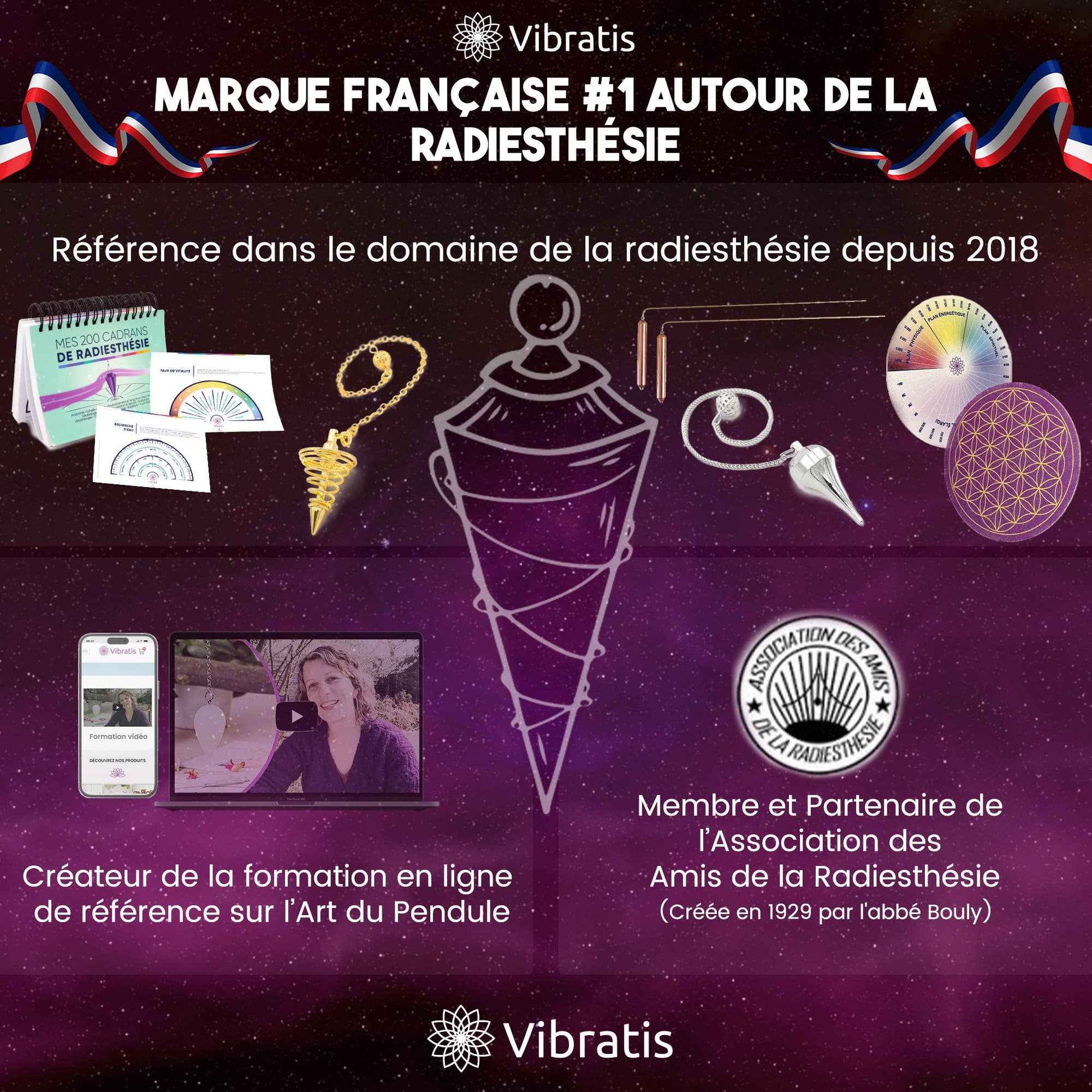 Couverture du guide "L'Art du Pendule" de Vibratis, contenant 68 pages d'enseignements pour maîtriser la radiesthésie et la divination.