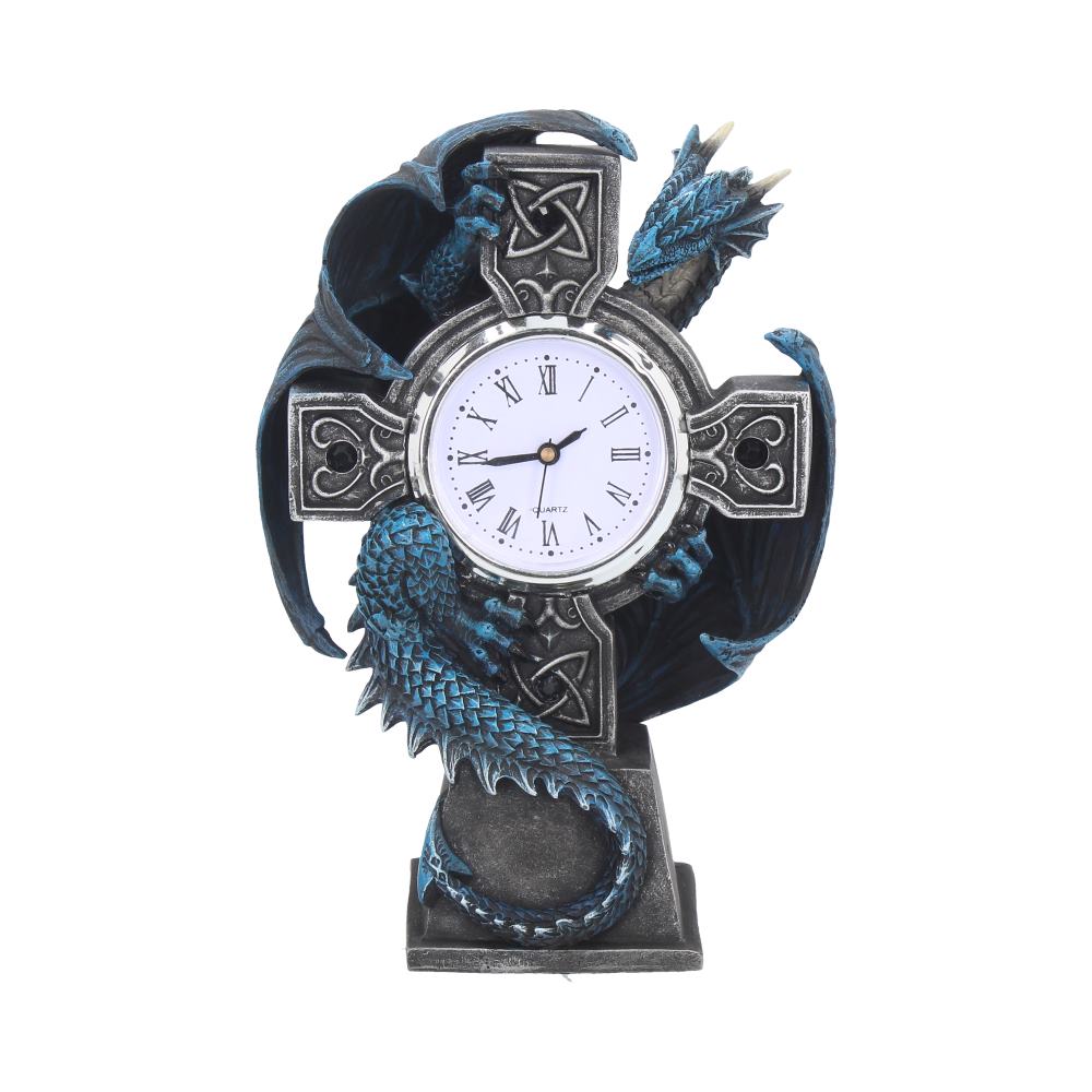 Horloge Draco (AS) de Nemesis Now, une horloge gothique de 17,8 cm ornée d'un dragon bleu et de gemmes noires, parfaite pour les amateurs de fantasy.