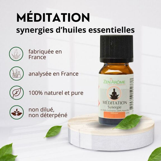 Flacon de 10 ml d'Huile Essentielle Synergie Méditation d'Ankorstore, mélange d'huiles essentielles à diffuser pour la sérénité et le bien-être.