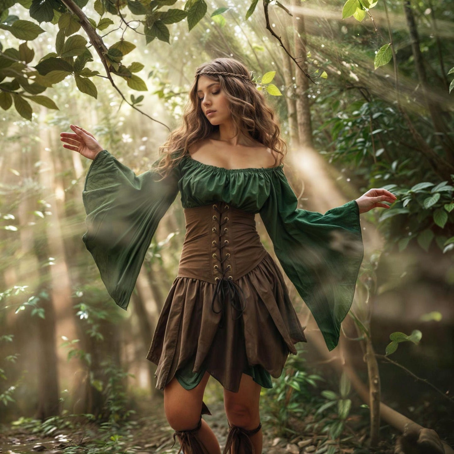 Robe courte elfique avec manches évasées et corset, grande taille, costume GN cosplay fée des forêts, tenue fantastique lutin, vêtements Renfaire médiévaux