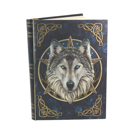 Journal Le Sauvage de 17 cm, captivant carnet de Nemesis Now, orné d'un loup majestueux aux yeux bleus et de motifs celtiques dorés, parfait pour libérer votre créativité.