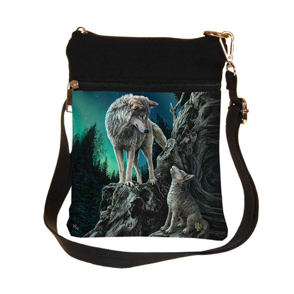 Sac à bandoulière multicolore Guidance Wolf and Pup par Lisa Parker de Nemesis Now, illustrant un loup et son chiot sous un ciel étoilé, symbole de mystère et aventure.