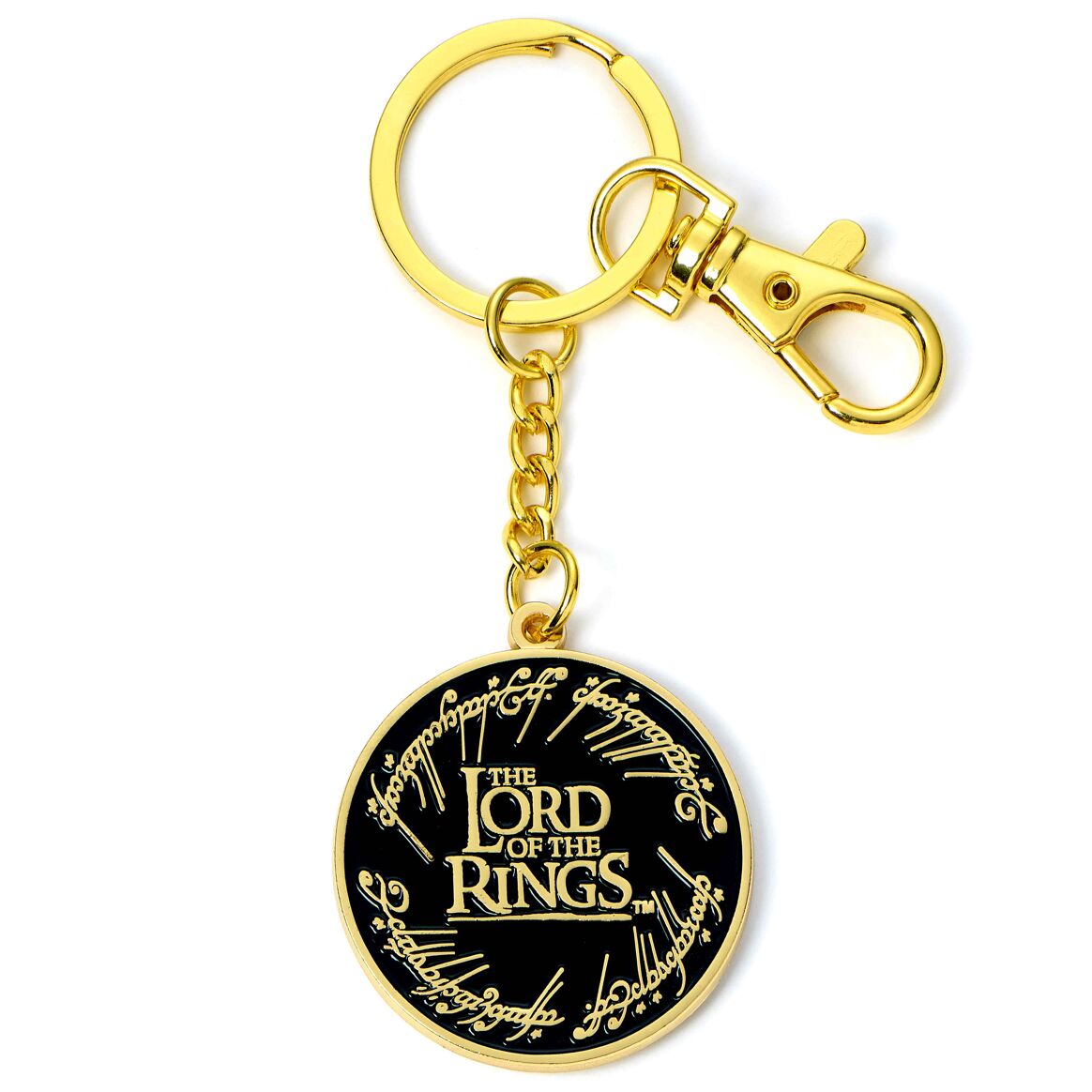 Porte-clés Logo du Seigneur des Anneaux d'Ankorstore, un accessoire emblématique en métal doré avec insert en émail noir, parfait pour les fans de J.R.R. Tolkien.
