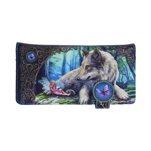 Portefeuille Contes de Fées Embossé 18.5cm de Nemesis Now, mettant en avant une scène féerique avec un loup majestueux et une petite fée sur un rocher, captivant avec ses détails en relief en cuir synthétique multicolore.