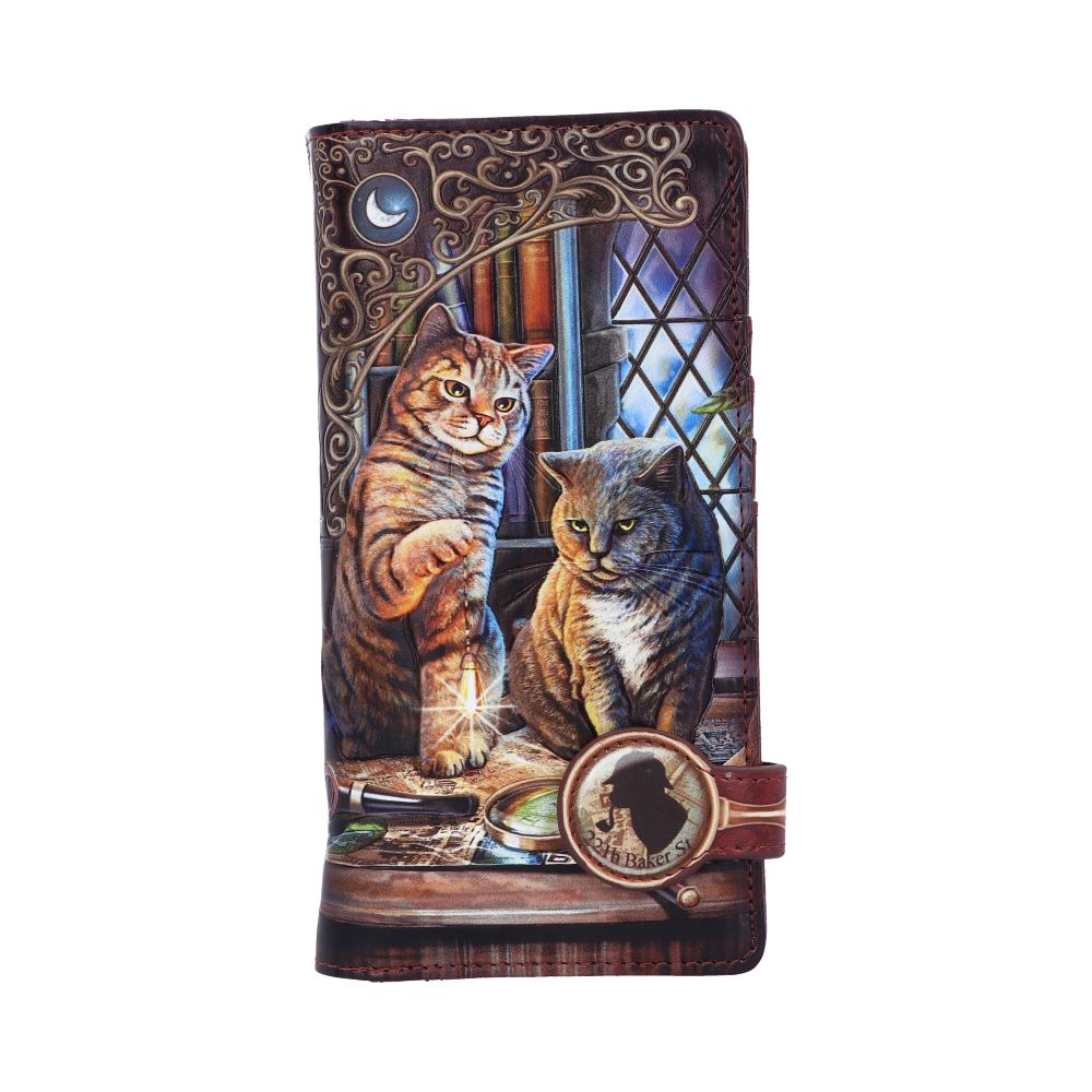 Portefeuille Purrlock Holmes de Nemesis Now, un accessoire élégant et mystérieux orné de motifs félin enchanteurs, illustrant deux chats engrossés dans un mystère.