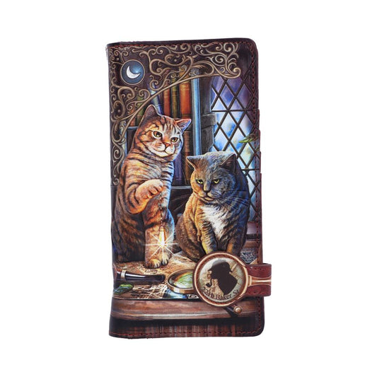 Portefeuille Purrlock Holmes de Nemesis Now, un accessoire élégant et mystérieux orné de motifs félin enchanteurs, illustrant deux chats engrossés dans un mystère.