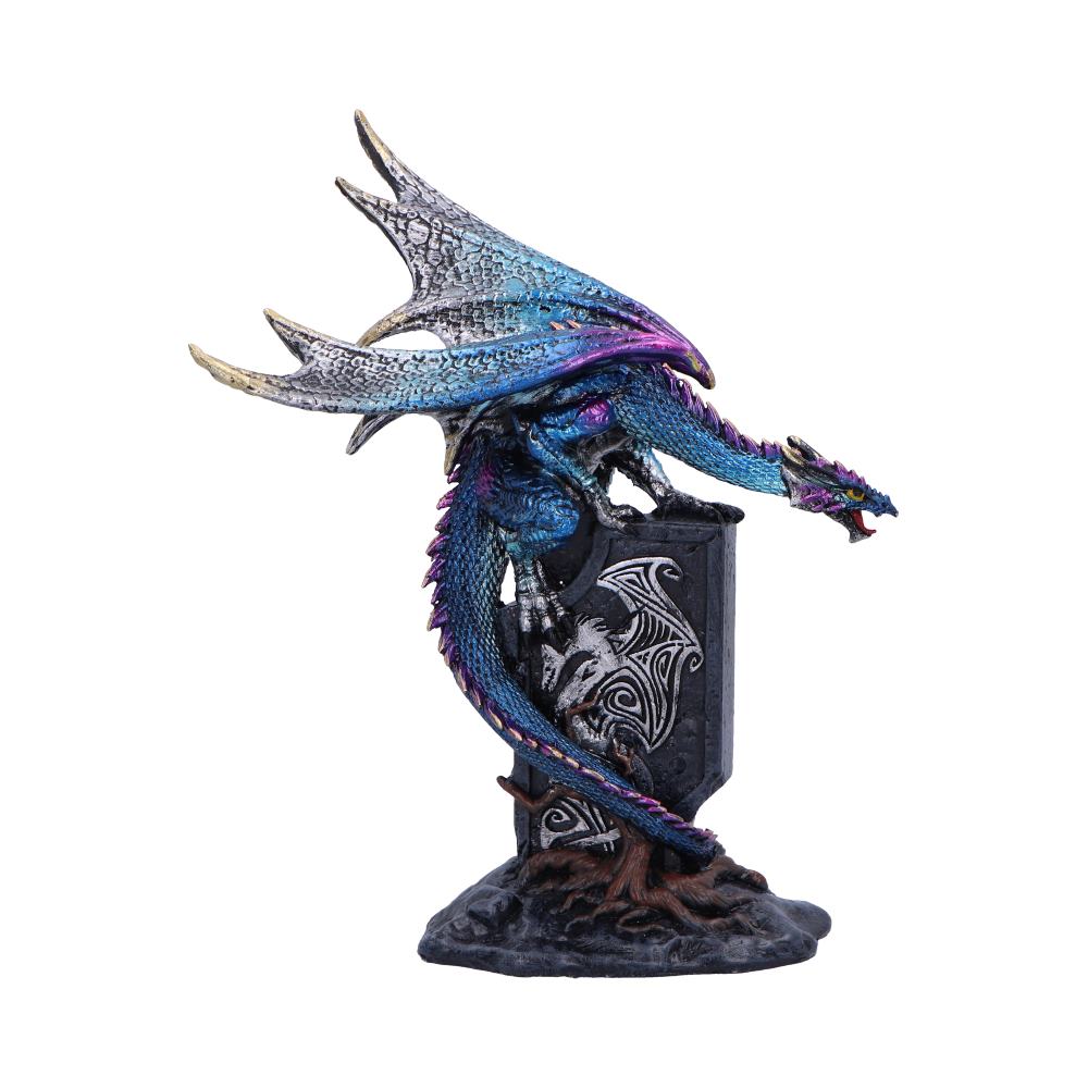 Figurine Sigil draconique de 17,5 cm par Nemesis Now, représentant un majestueux dragon bleu scintillant, perché sur une pierre tombale avec une rune en forme de dragon argenté.