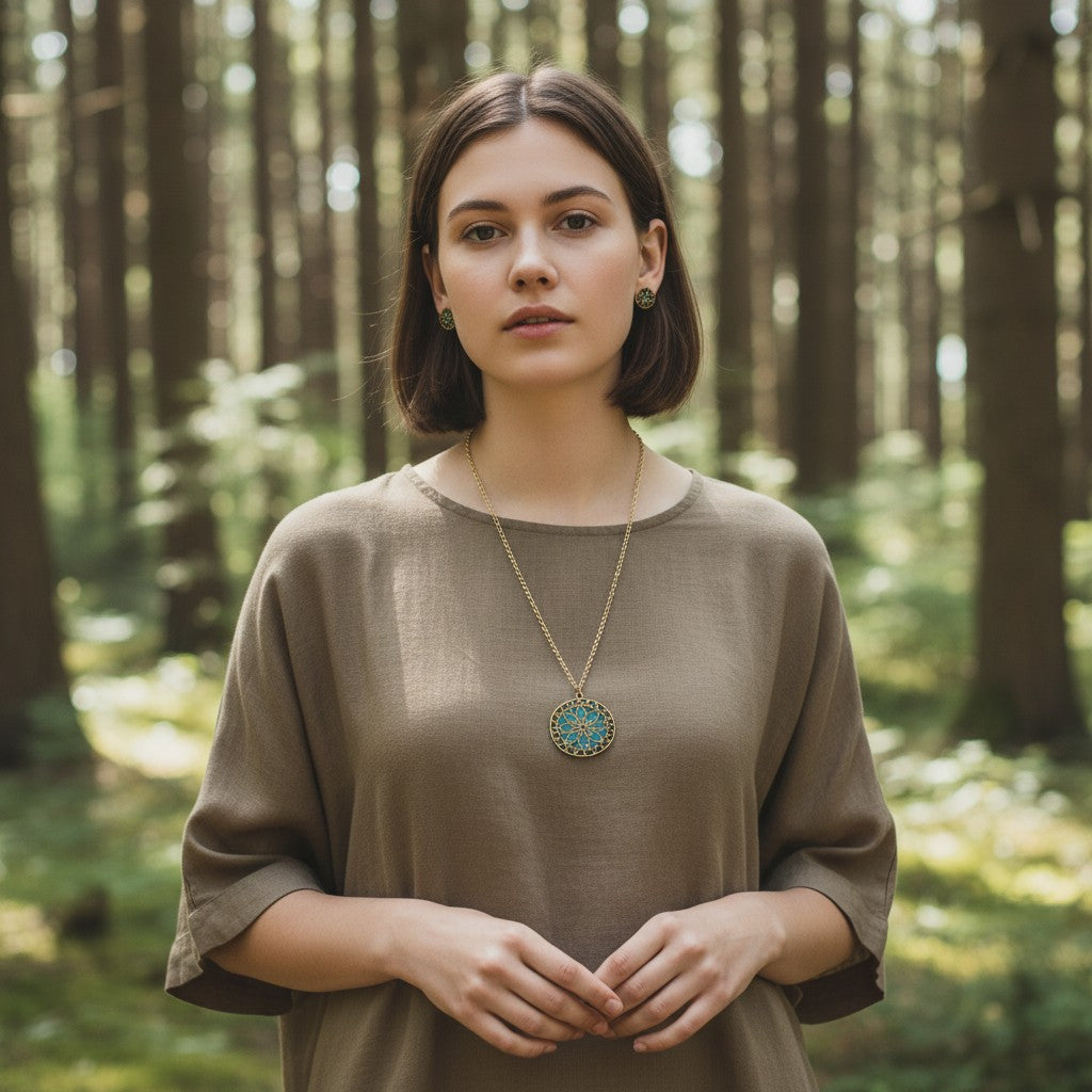 Collier pendentif Rosace Océane, bijou fait main à l'aspect texturé inspiré des vagues marines, artisanal par Les Lubies Fleuries pour une touche élégante et sophistiquée.