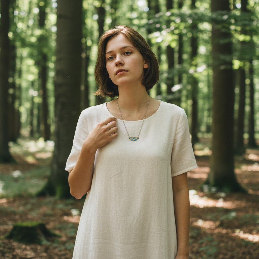 Chaîne en acier inoxydable argenté du collier pendentif « Papillon Mystique des Lunes », longueur de 50 cm, combinant élégance et artisanat.