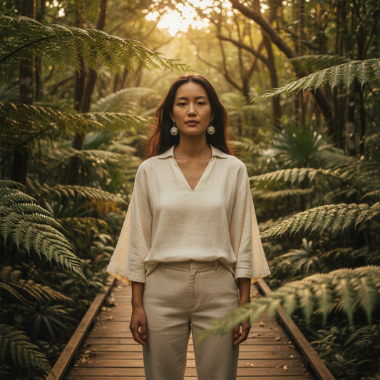Détails des boucles d’oreilles Fleurs de Rosée Dorée, mettant en valeur la légèreté de la résine et l'acier inoxydable doré, un bijou unique.