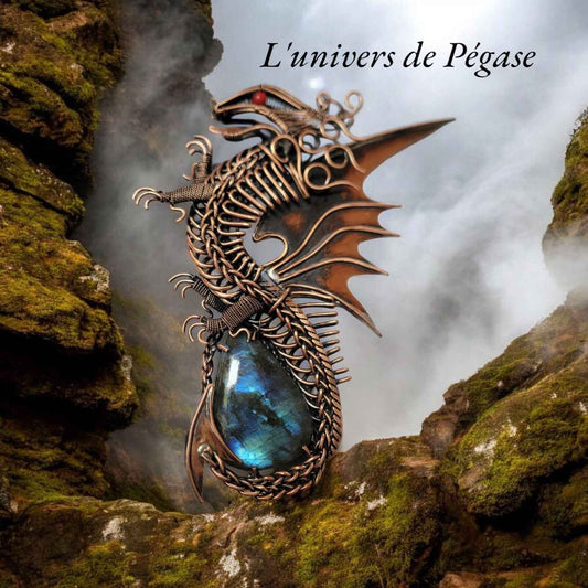 Collier pendentif Zhaerys – Le Dragon Éveillé en labradorite, bijou élégant et mystérieux disponible sur Etsy, mettant en valeur les reflets captivants de la pierre.