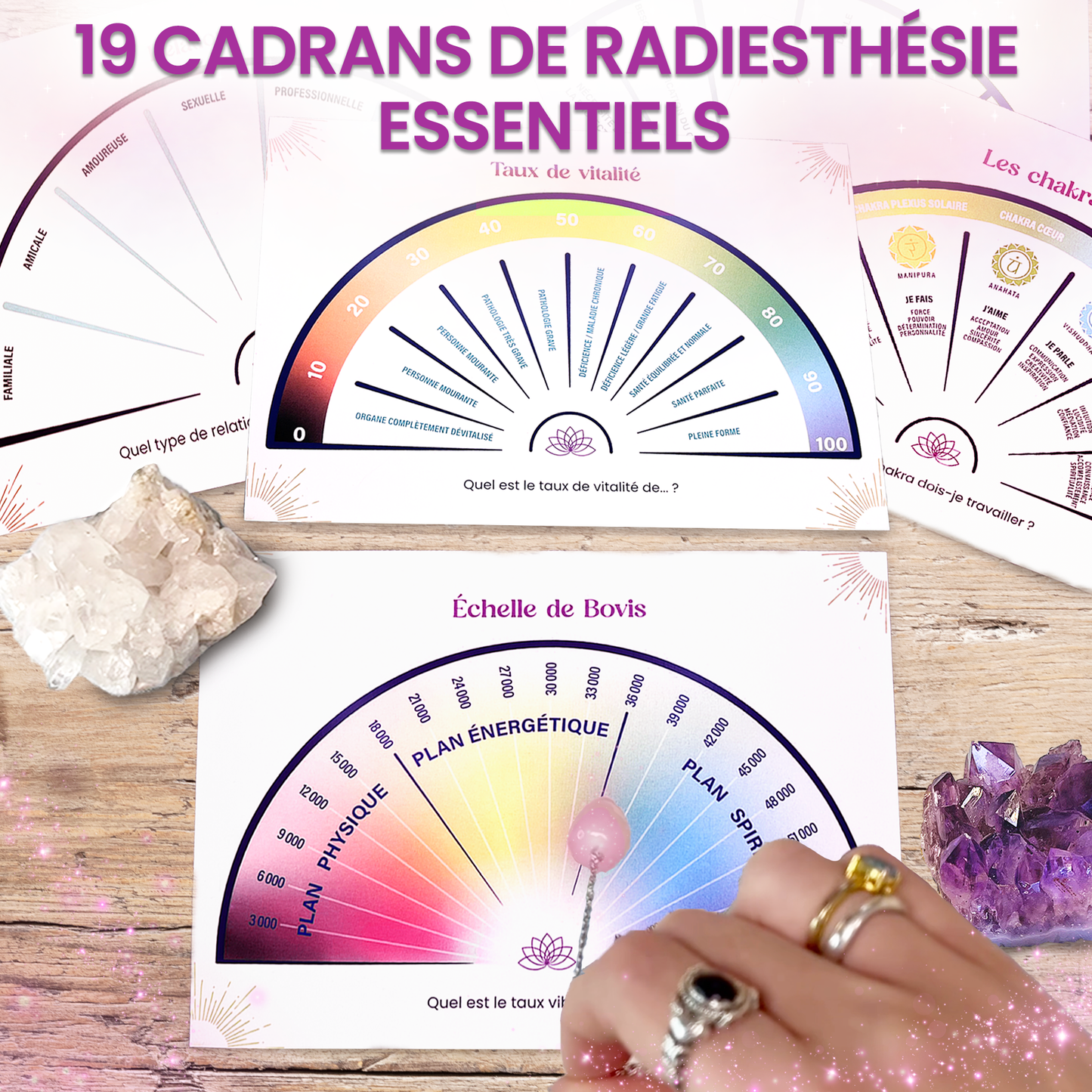 Coffret art du pendule de Vibratis avec pendule divinatoire en Quartz Rose et accessoires de radiesthésie.