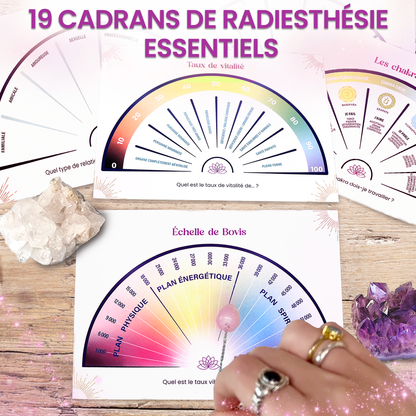 Coffret art du pendule de Vibratis avec pendule divinatoire en Quartz Rose et accessoires de radiesthésie.
