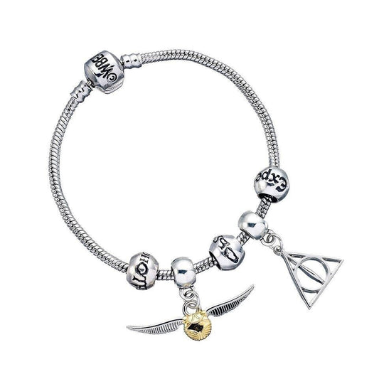 Ensemble de breloques Harry Potter - Bracelet plaqué argent avec reliques de la mort, Vif d'or, 3 perles de sort