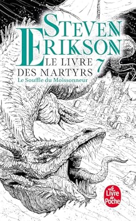 Couverture intrigante de 'Le Livre des Martyrs, Tome 7 – Le Souffle du Moissonneur', illustrant un empire en déclin avec des personnages clés dans une lutte épique.