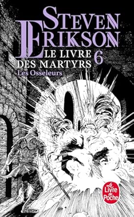 Couverture du livre 'Le Livre des Martyrs, Tome 6 – Les Osseleurs', illustrant la ville légendaire de Y'Ghatan, plongée dans une ambiance de mystère et de conflit, parfaite pour les amateurs de fantasy captivante.