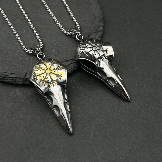 Collier vintage avec pendentif en forme de compas en forme de tête de corbeau viking