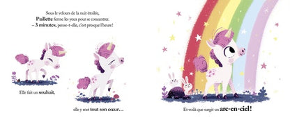 Ensemble de pages du livre « Au lit, petite licorne ! » par AU BORD DES CONTINENTS, illustrant des histoires magiques pour apaiser les enfants avant de dormir.