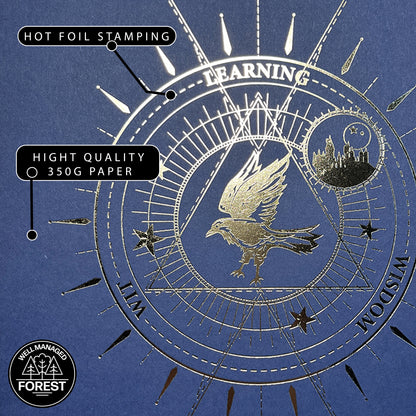 Détail de l'affiche de collection Serdaigle - Harry Potter, mettant en avant le marquage à chaud or éclatant sur un fond bleu foncé.