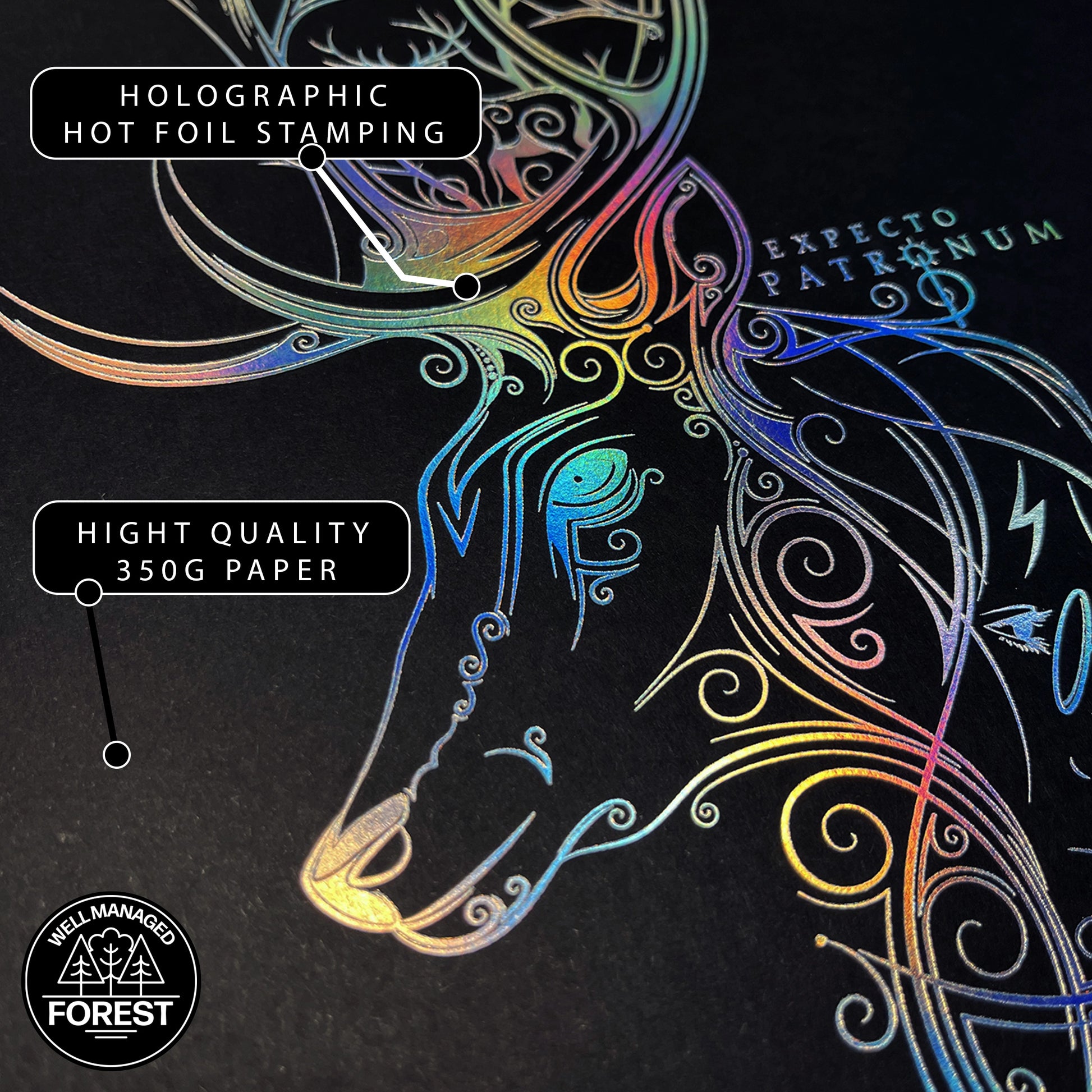 Détail de l'affiche de collection Patronum - Harry Potter montrant la haute qualité d'impression et le marquage à chaud par pression.