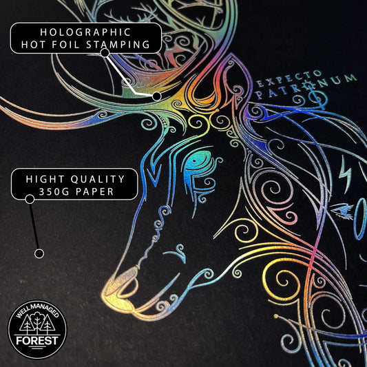 Détail de l'affiche de collection Patronum - Harry Potter montrant la haute qualité d'impression et le marquage à chaud par pression.