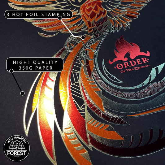 Zoom sur l'affiche de collection Ordre du Phénix - Harry Potter, mettant en avant les détails brillants du marquage doré et rouge métal.