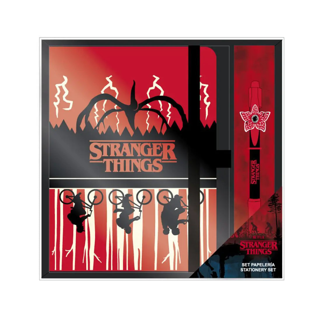 Set de papeterie Upside Down - Stranger Things avec carnet mystérieux et stylo assorti, parfait pour les fans de la série.