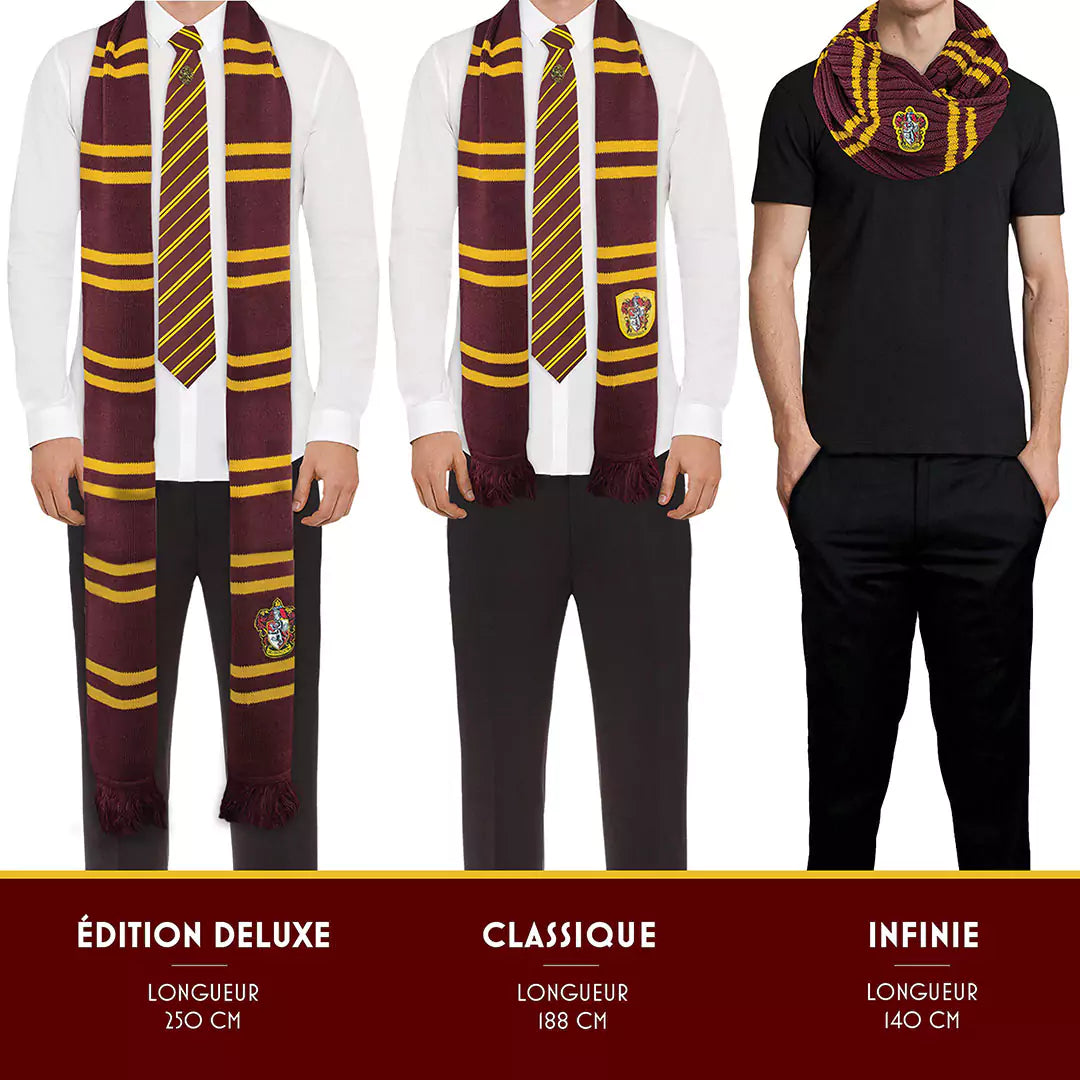 Détails de l'écharpe deluxe Gryffondor en pourpre et or, fabriquée en acrylique pour un confort optimal, produit officiel Harry Potter.
