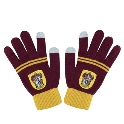 Gants tactiles Gryffondor pourpre et or Harry Potter montrant le design élégant avec l'écusson emblématique de Gryffondor.