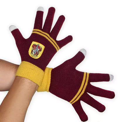 Gants tactiles Gryffondor pourpre et or - Harry Potter, montrant les doigts tactiles pour utiliser un smartphone avec style.