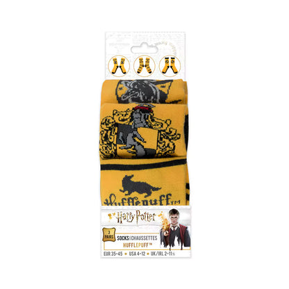 Chaussettes Poufsouffle, collection Harry Potter, avec des couleurs emblématiques noir et jaune, idéales pour le confort quotidien des fans de la saga.