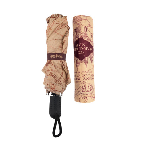 Zoom sur le Parapluie - Carte du Maraudeur de Harry Potter, mettant en avant son tissu imperméable et son ouverture pratique par bouton poussoir, idéal pour braver la pluie avec style.