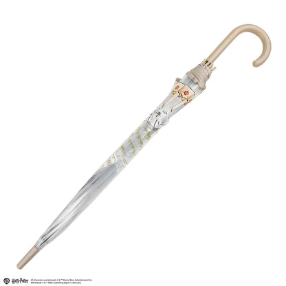 Détails du parapluie transparent Hedwige Harry Potter, révélant son design sophistiqué et ses matériaux de qualité.