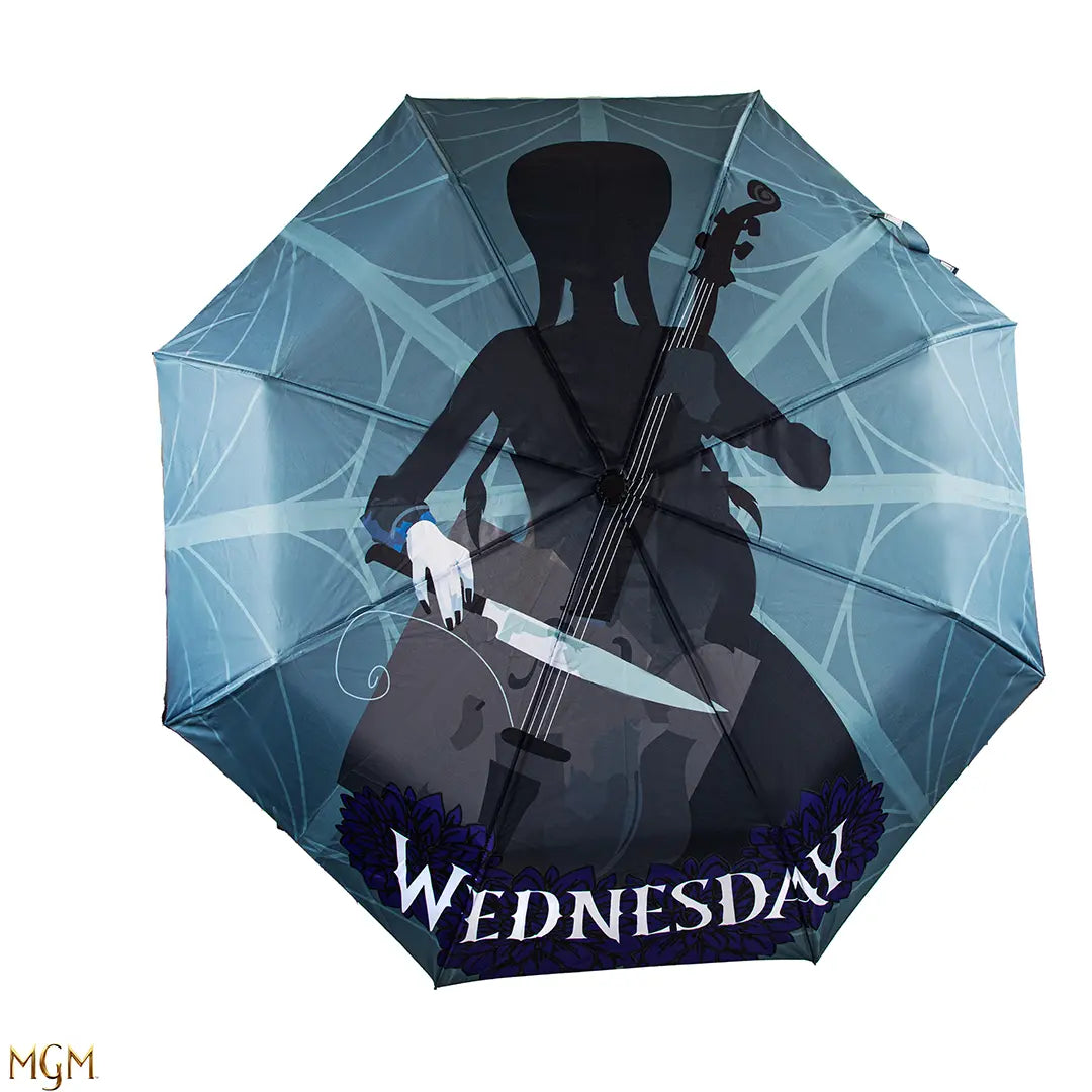 Parapluie Wednesday et violoncelle - Un accessoire chic pour les journées pluvieuses, parfait pour les amateurs de musique.