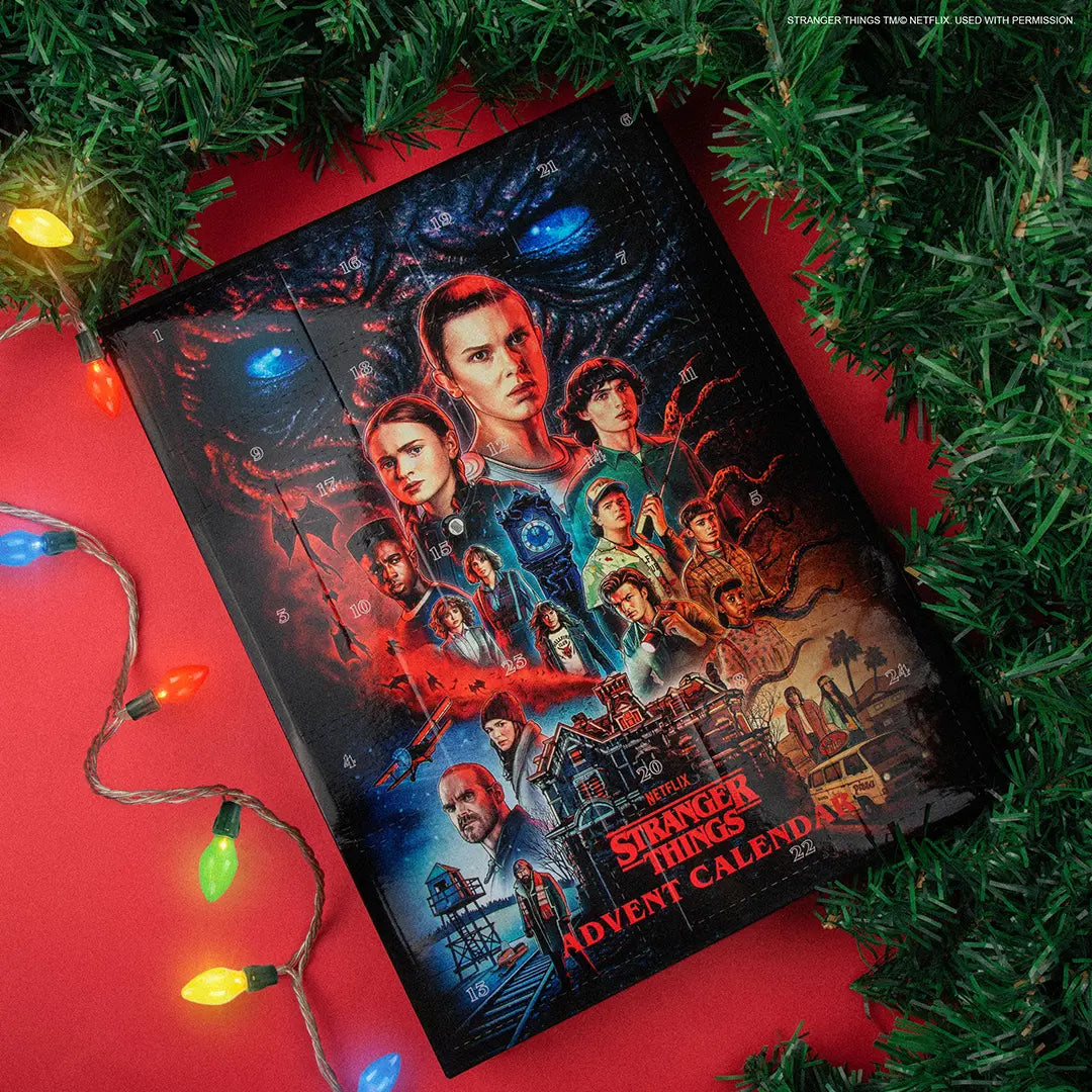 Calendrier de l’avent 2023 - Stranger Things avec des illustrations mystérieuses de l’Upside Down révélant des surprises quotidiennes.