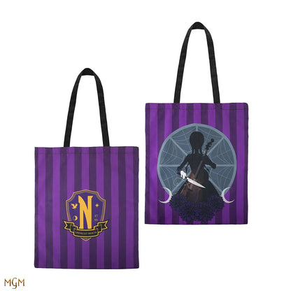 Tote bag Wednesday et violoncelle, un accessoire élégant pour les amateurs de musique et de mode, affichant un design contemporain.