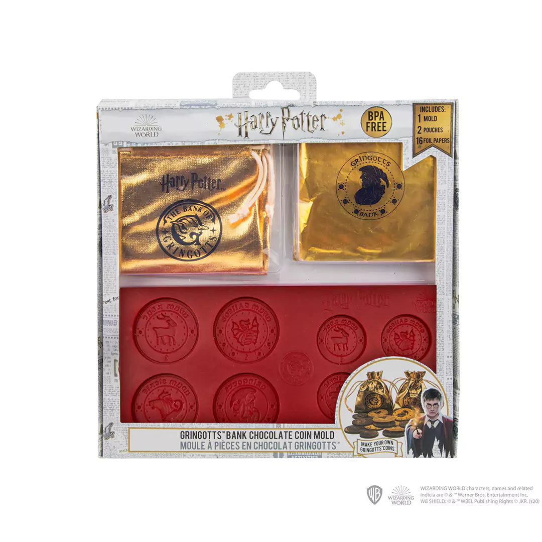 Présentation du Moule à Pièces de Banque Gringotts en chocolat - Harry Potter, illustrant les accessoires inclus comme les pochettes et papiers aluminium pour un emballage professionnel.