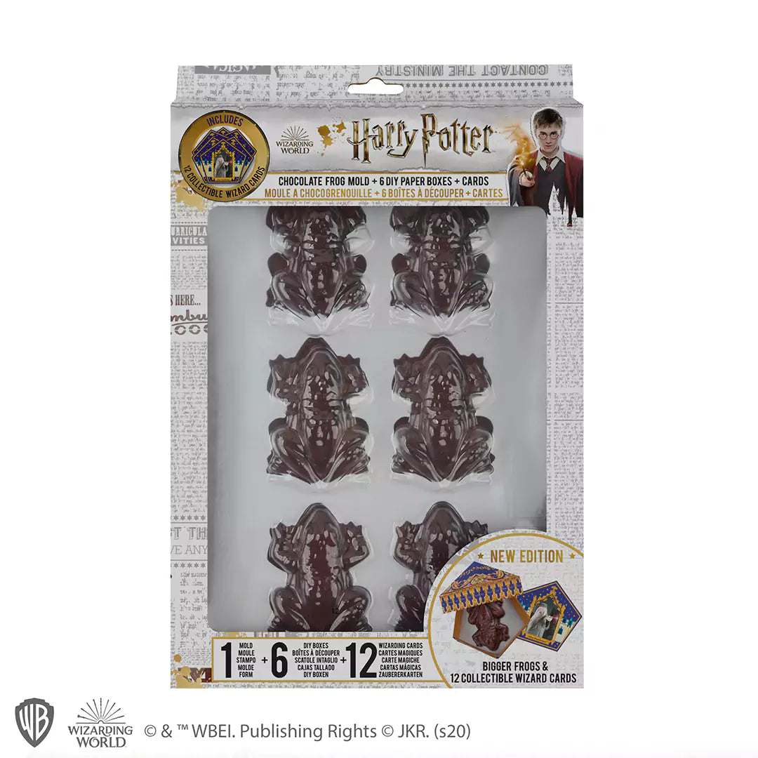 Boîtes à découper pour Chocogrenouilles et cartes de sorciers, incluses dans le kit Moule à Chocogrenouille Harry Potter.