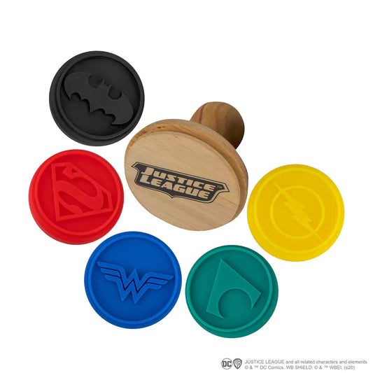 Tampons silicone pour cookies de la Ligue des Justiciers, lot de 5, idéal pour créer des biscuits héroïques.