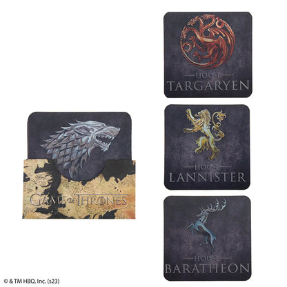 Sous-verres Maisons de Westeros inspirés de Game of Thrones, design captivant avec motifs des maisons Stark et Lannister.