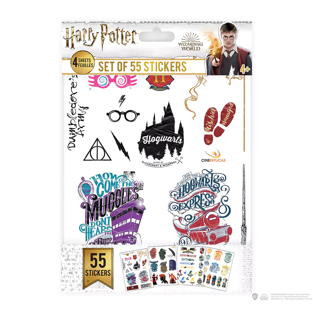 Ensemble de 55 stickers Harry Potter représentant des personnages et symboles emblématiques, parfaits pour les fans de la saga pour personnaliser leurs objets.