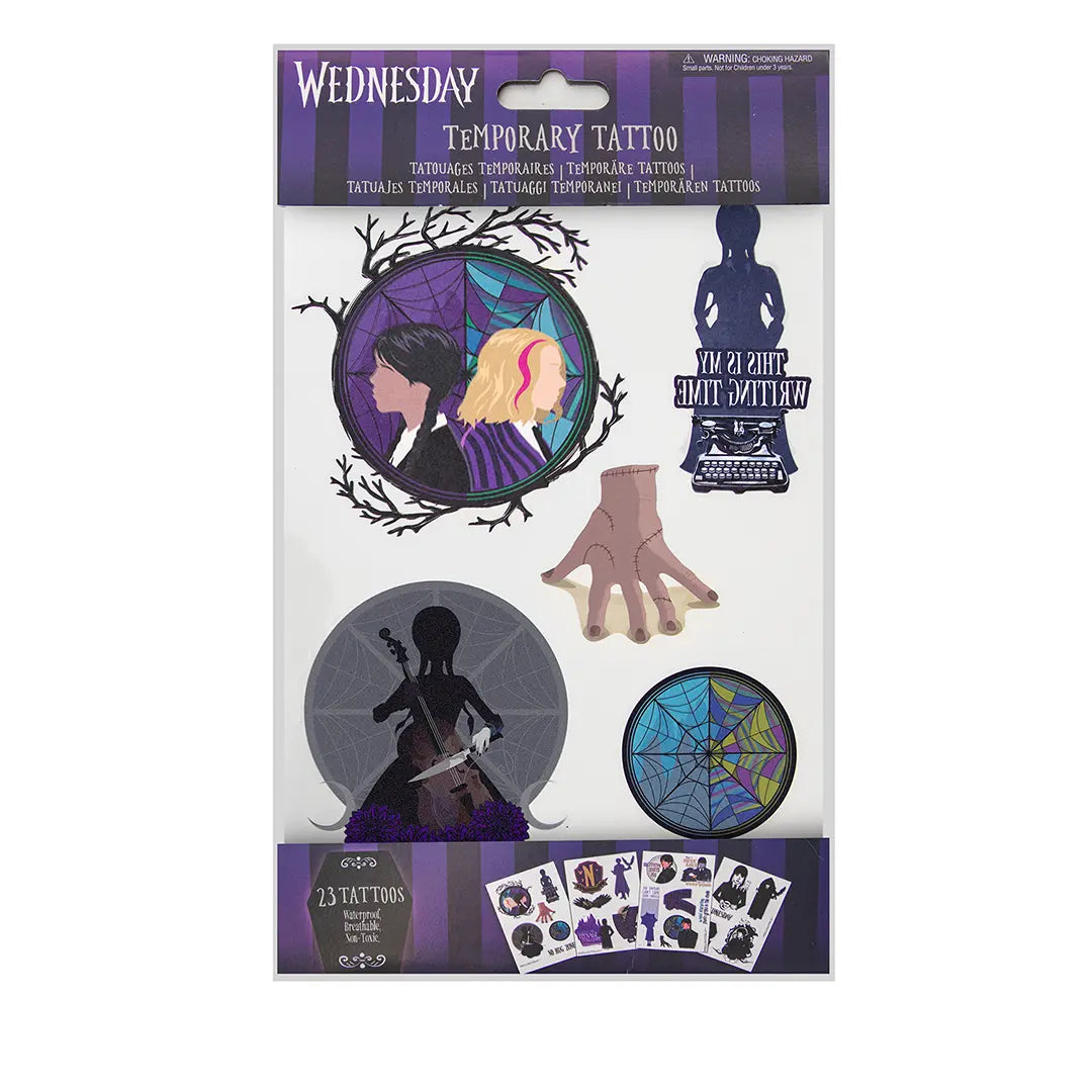 Tatouages temporaires Wednesday Addams - collection de tatouages temporaires illustrant des symboles sombres et élégants, parfaits pour les fans de l'étrange.