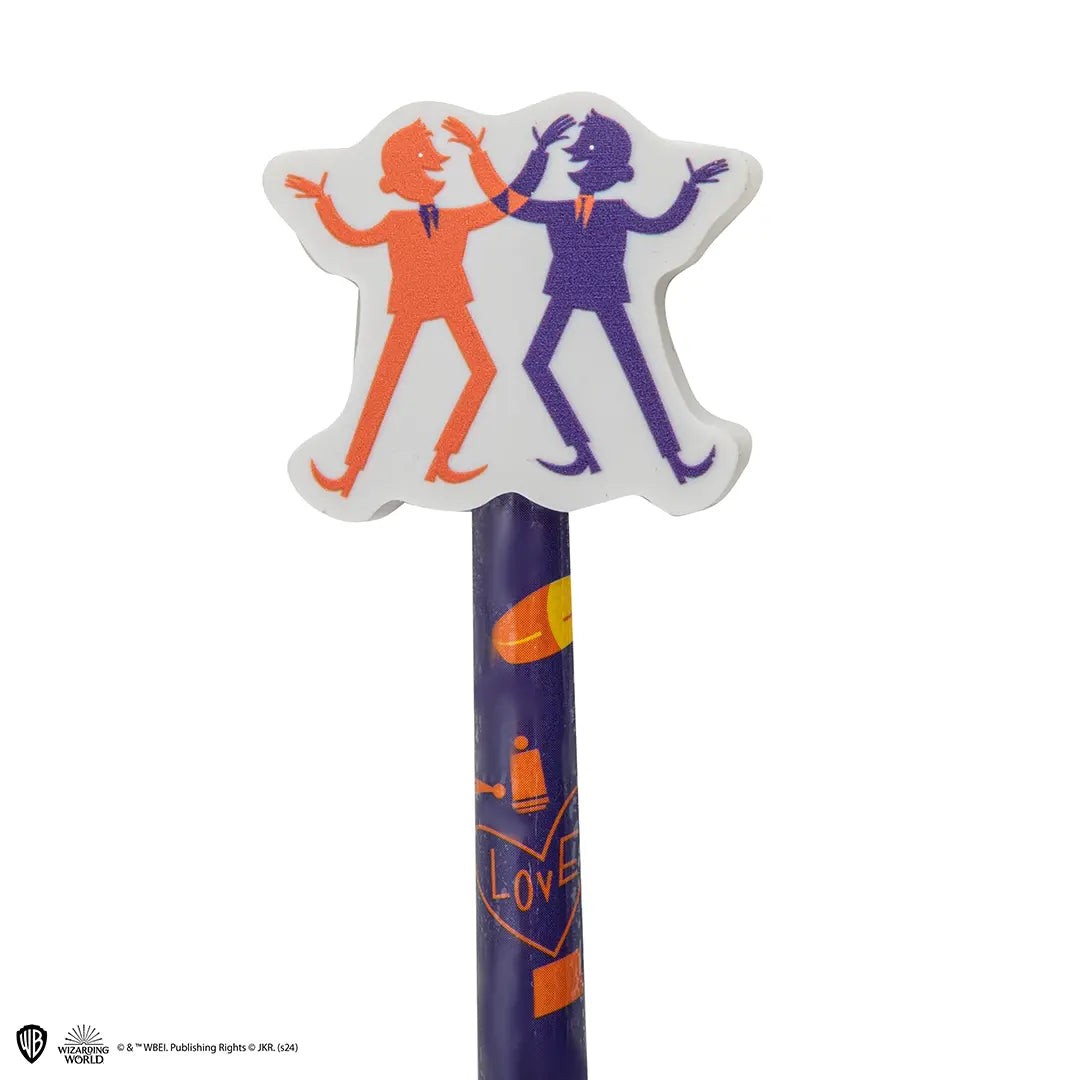 Détails du crayon à papier et de la gomme frères Weasley - Harry Potter, montrant la qualité et le design inspiré de Fred et George.