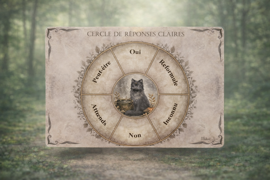 Cercle de réponses claires - Planche de radiesthésie de Mihne Creations, un plateau magnétique captivant pour la divination et la radiesthésie.