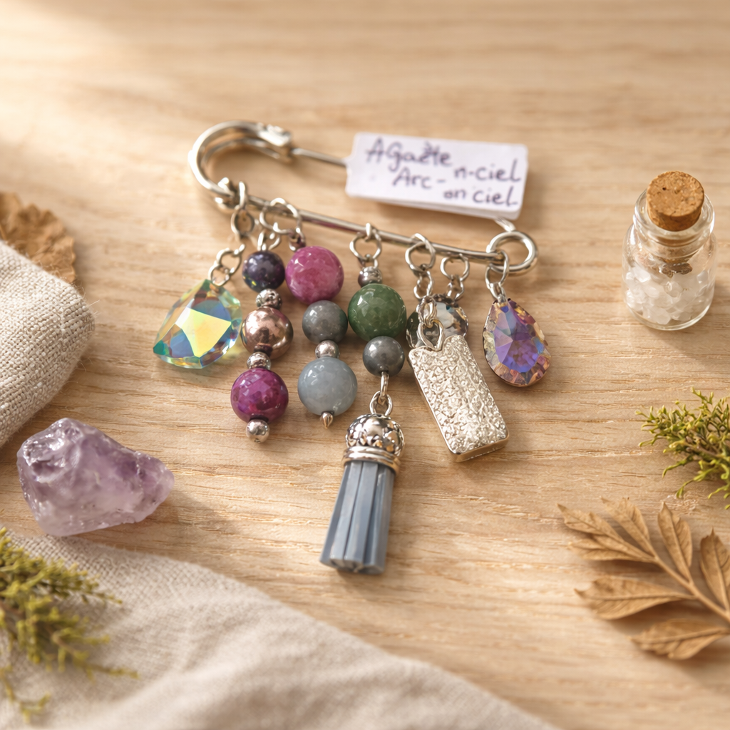 Petite broche artisanale en pierres naturelles de LhanisaCréa, parfait pour rehausser votre style avec une touche d'élégance ésotérique.