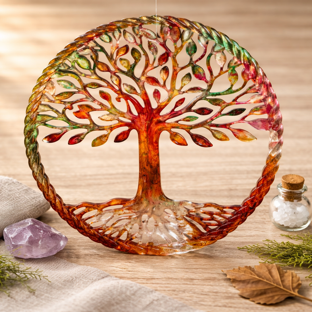 Vue artistique de l'Arbre de vie en résine de LhanisaCréa, une décoration qui inspire équilibre et positivité.