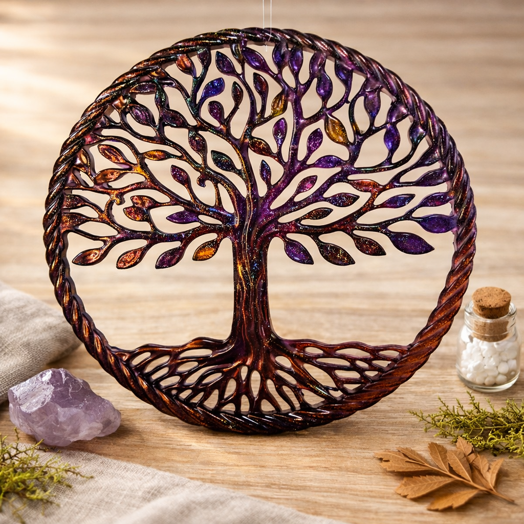Détail de l'Arbre de vie en résine par LhanisaCréa, offrant un design artisanal unique et vibrant.