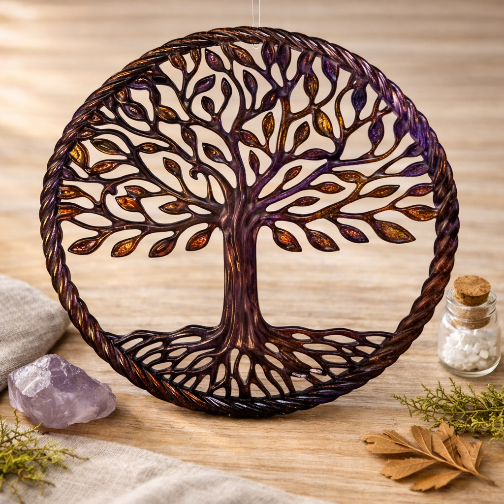 Détails artisanaux de l'Arbre de vie en résine de LhanisaCréa, chaque pièce est fabriquée à la main pour une esthétique captivante.